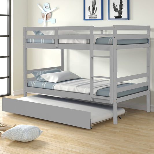 Twin over Twin Bunk Beds, Sesslife Wood Bunk Bed with Twin Trundle, Solid Wood Bunk Bed Frame with Guardrail and Ladder for Boys Girls Rooms, No Box Spring Needed, Gray