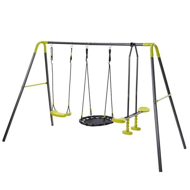 Metal Swing Set for Outside, Kids Backyard Swing Set with Swing Chair, Glider, Ground Nail, 3 In 1 Outdoor Swing Set