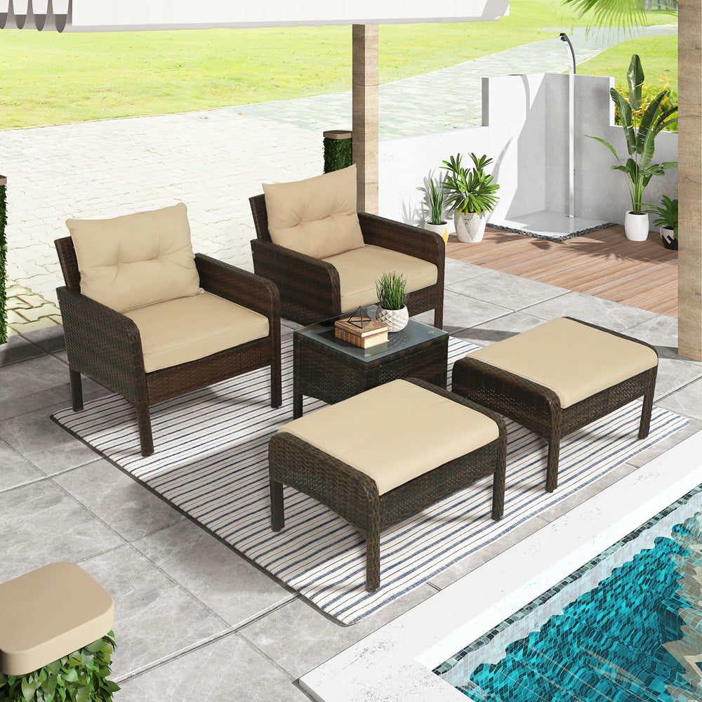 Wicker Outdoor Furniture, Sesslife 5 Piece Patio Conversation Set w/2 Ottoman, 2 Chair, Glass Table, Patio Dining Sets for Backyard Lawn, All-Weather Brown Rattan Bistro Set with Brown Cushion, X3173