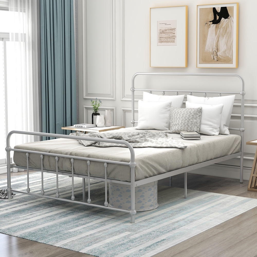 Full Size Bed Frame, Sesslife Metal Bed Frame with Headboard and Footboard, Slats Support, Modern Platform Bed Frame for Kids Teens Bedroom Guest Room, No Box Spring Needed, Silver