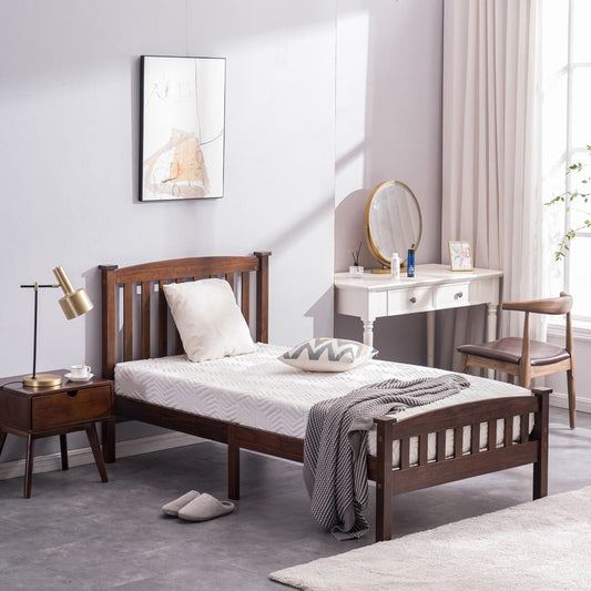 Sesslife Platform Bed Frame No Box Spring Needed, Wood Twin Size Bed Frame with Slatted Headboard and Footboard, Twin Platform Bed with Slats Support for Teen Adult Kid, Walnut