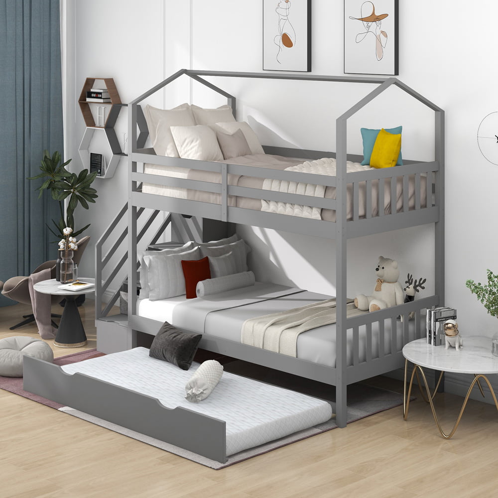 Twin House Bunk Bed, Sesslife Twin over Twin Bunk Bed with Trundle, Wood Kids Bunk Bed Frame with Guardrail, Staircase and Storage Space, Bed Frame No Box Spring Needed, Grey, X2944