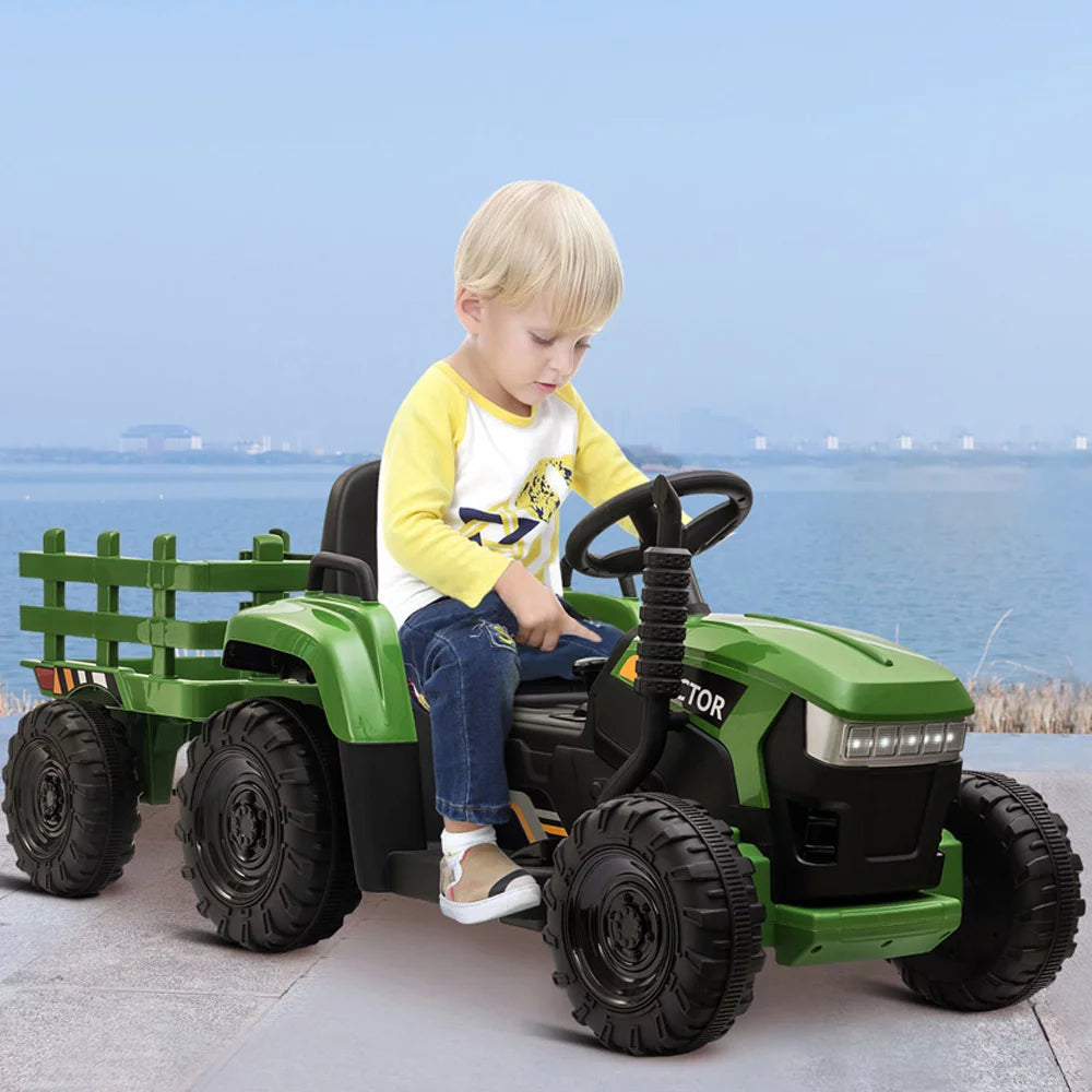 12V Kids Ride on Tractor with Trailer, Sesslife Battery Powered Ride on Car w/ Music, USB, LED Light, Horn, Electric Ride on Toy for 3-5 Ages, Outdoor Kid Pickup Truck for Girl Birthday Gift