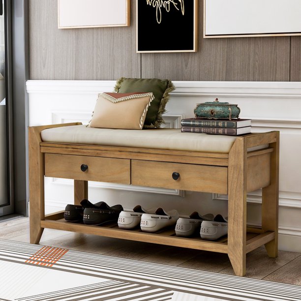 Entryway Bench with Storage Drawers, SESSLIFE Wooden Shoe Bench, Modern Storage Bench with Cushion, White, X296