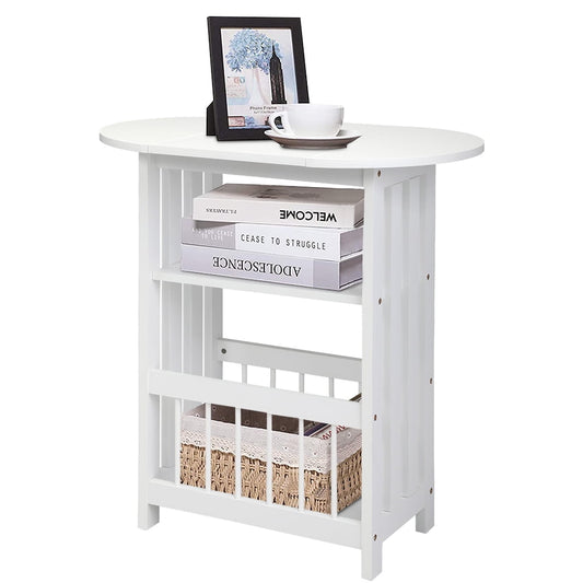 Folding Side Table and Magazine Rack, SESSLIFE White End Table with 360¡ã Rotating Tabletop and Wood Frame, 3-Tier Magazine Table with Large Storage for Living Room Office Study Bedroom, X2440