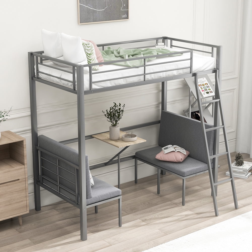 Twin Size Loft Bed Silver, SESSLIFE Metal Loft Bed with Table and Padded Chairs, Twin Loft Bunk Bed with Ladder, Full-length Guardrails, No Box Spring Needed, Twin Bed Frame for Kids Teen Adult, X1946