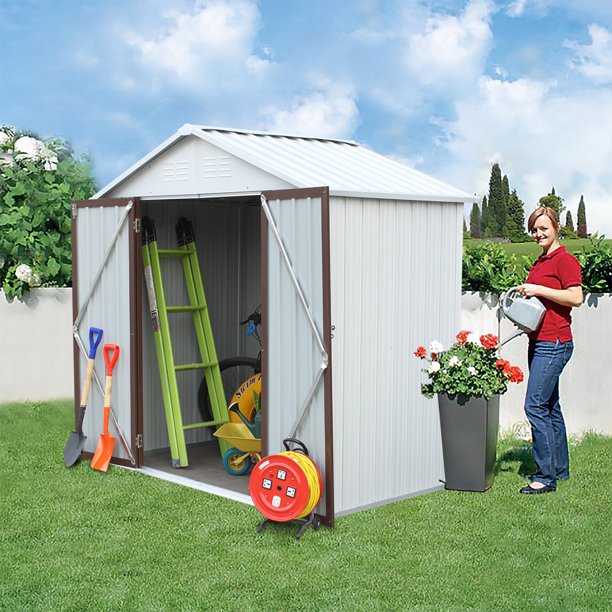 Sesslife Outdoor Storage Shed, 6 x 4 Ft Galvanized Steel Tool Storage House with Lockable Door, Vents, Wall Hooks, Outside Garden Storage Room with Sloping Roof for Backyard Lawn, White