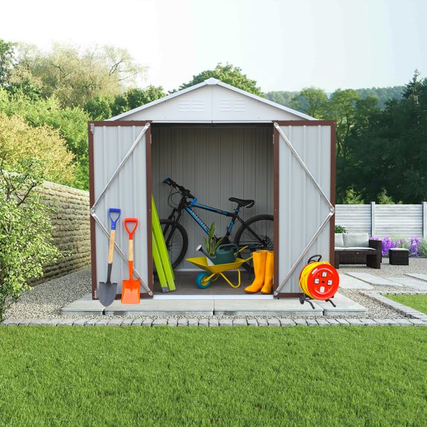 Sesslife Tool Storage Shed, 6 x 4 Ft Storage House with Vents, Hooks, Galvanized Steel Garden Shed with Hinged Door and Padlock, 75.6" Tall Verticle Outdoor Storage Shed for Patio Lawn Backyard, White