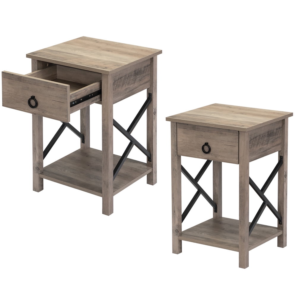 Bedside Table Set of 2, SESSLIFE End Table with Drawer, Storage Side Table with Open Shelf, 2-Tier Nightstand for Bedroom Living Room, Rustic Functional Sofa Table with X-Shape Metal Side, Rustic Gray