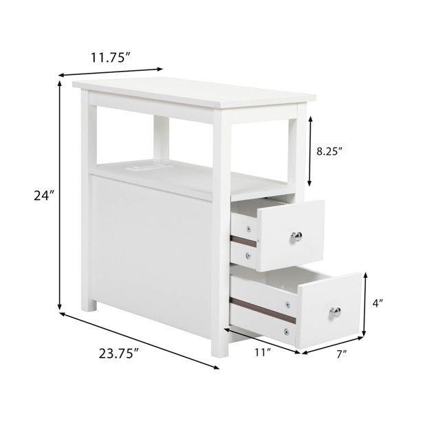 Narrow End Tables for Living Room, Sesslife Wood Storage Side Table with Two Drawers, Open Shelf, USB Ports and Power Outlets, White Sofa Table Nightstand for Bedroom, Modern Furniture
