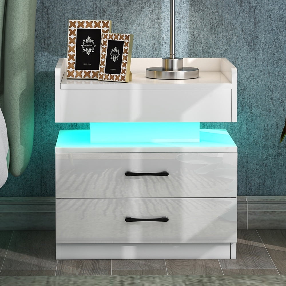 White Nightstand for Bedroom with 2 Drawers, Sesslife Modern Bedside Table with USB Charging Ports and Outlets, LED Light, Multifunctional Wood Side Table