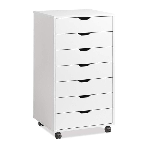 Sesslife White Dresser with 7 Drawers, Wood Dresser for Bedroom Living Room Office, 34.5" Tall Dresser with Removable 360° Casters, Modern Nightstand, Space Saver Standing Organizer