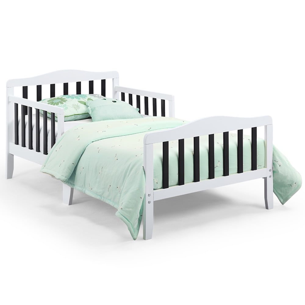 Toddler Beds for Kids, Sesslife Wood Bed Frame with Safety Side Rails & Slats Support, Low-to-floor Toddler Bed Frames with Tall Headboard, Platform Bed No Box Spring Needed, White/Black