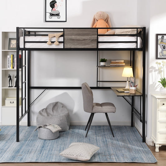 SESSLIFE Twin Size Loft Bed, Black Metal Loft Bed with Desk and Shelf, Twin Loft Bunk Bed with Ladder, Full-length Guardrails, No Box Spring Needed, Twin Bed Frame for Kids Teens, Gray, X1952