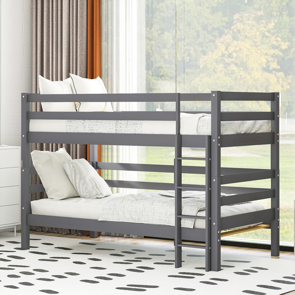 Bunk Bed Twin over Twin, SESSLIFE Wood L-Shaped Loft Beds with Ladder and Full-length Guardrails, Bunk Beds for Kids Teens Room, Twin Platform Bed No Box Spring Needed, Wood Slats Support, Gray, X2220