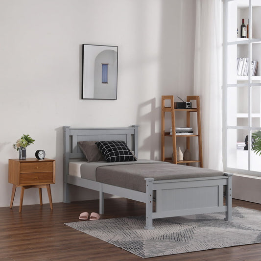 Modern Solid Wood Twin Bed, Sesslife Platform Bed with Headboard and Footboard, Twin Size Bed Frame for Kids, No Box Spring Needed, Gray