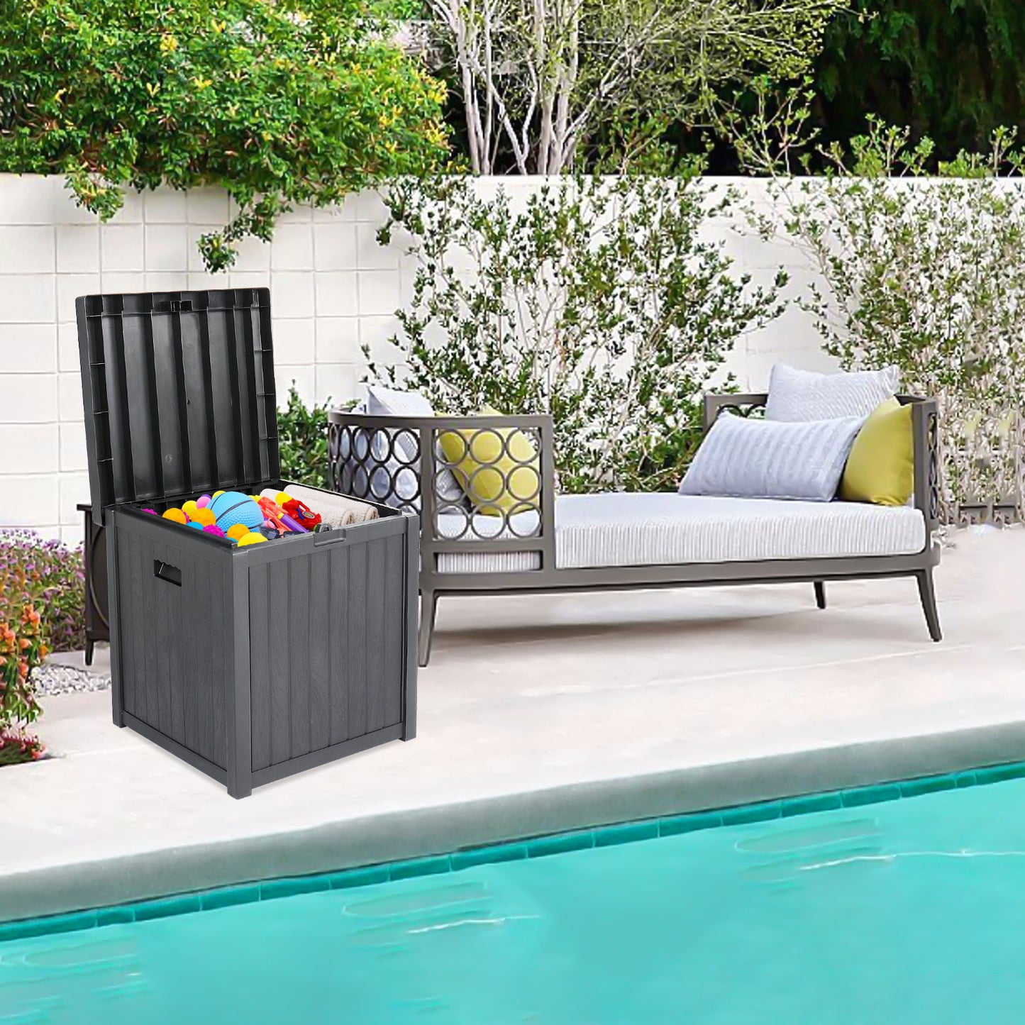 Sesslife Outdoor Storage Box, 51 Gallon Gray PP Plastic Waterproof Deck Storage Box Bench, Indoor/Outdoor Storage Bin Container for Patio Cushions, Garden Tools and Pool Toys