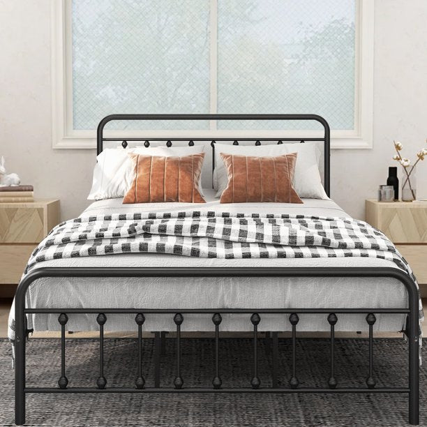 SESSLIFE Queen Size Bed Frame, Antique Queen Platform Bed Frame with Headboard and Footboard, Victorian Style Metal Platform Bed Frame with Slats Support, Black Bed Frame for Bedroom, X653