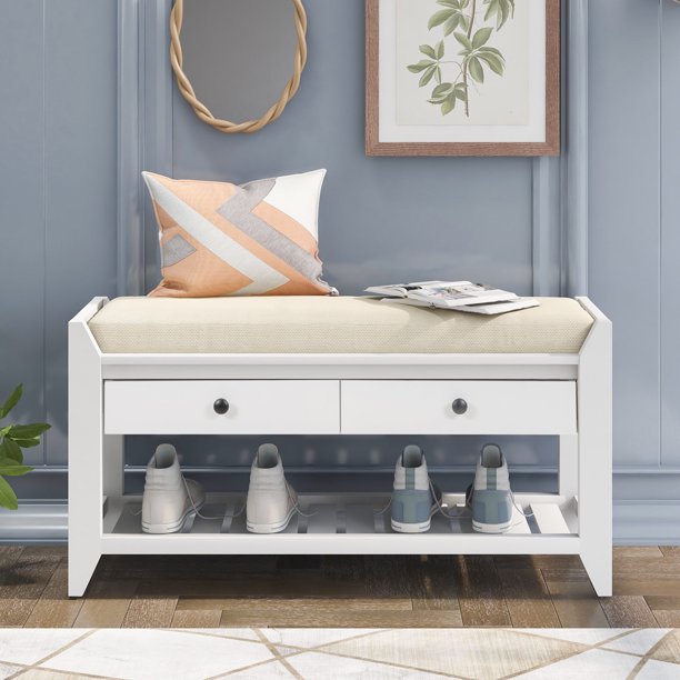 Entryway Bench with Storage Drawers, SESSLIFE Wooden Shoe Bench, Modern Storage Bench with Cushion, White, X296