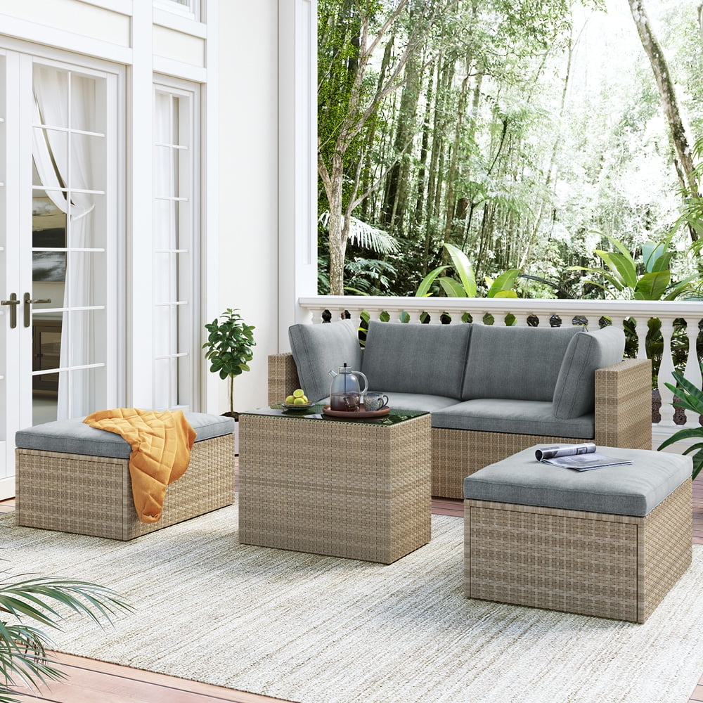 SESSLIFE Outdoor Sectional Sofas, PE Rattan Patio Furniture Set with Glass Top Table for Garden Pool Deck Porch, 5 Piece Cushioned Wicker Sofa Conversation Set for 2-4 People, Gray Cushions, X3010
