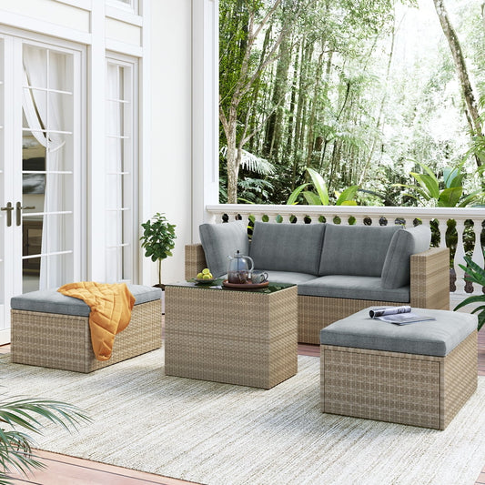 SESSLIFE Outdoor Sectional Sofas, PE Rattan Patio Furniture Set with Glass Top Table for Garden Pool Deck Porch, 5 Piece Cushioned Wicker Sofa Conversation Set for 2-4 People, Gray Cushions, X3010