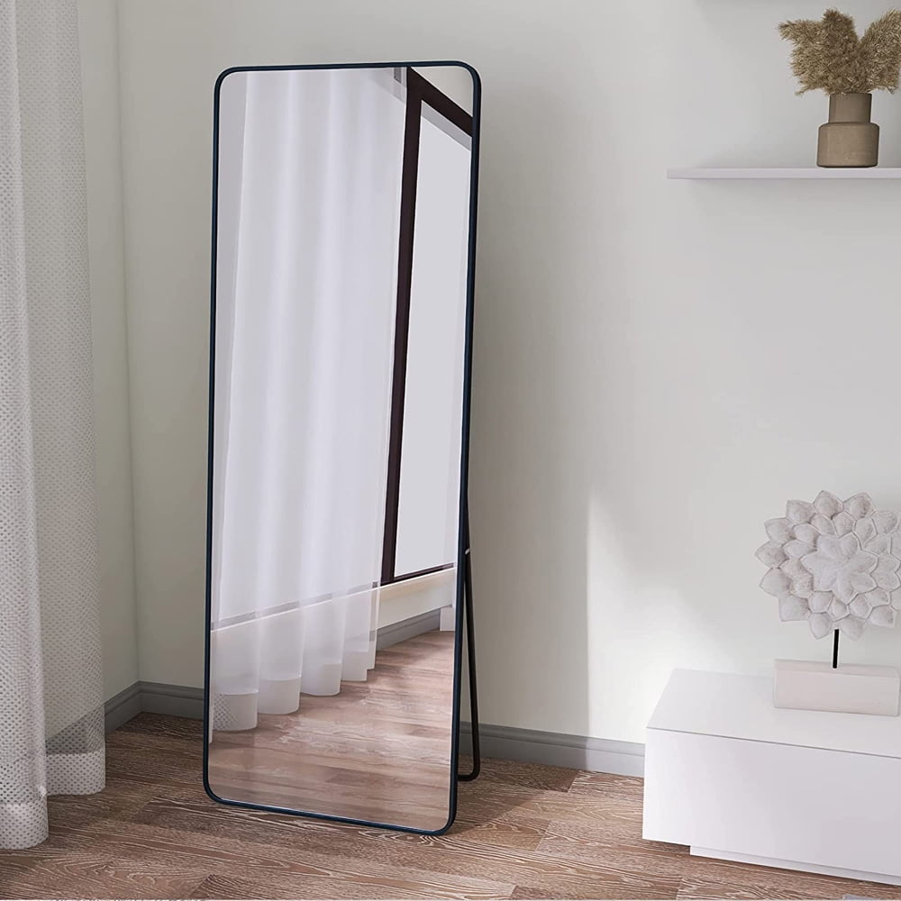 Sesslife Round Corner Full Length Mirror, Standing Full Length Mirror with Adjustable Stand, Black Aluminum Frame, Rectangle Body Floor Mirror Full Length for Bedroom Living Room Dressing, 63" x 20"