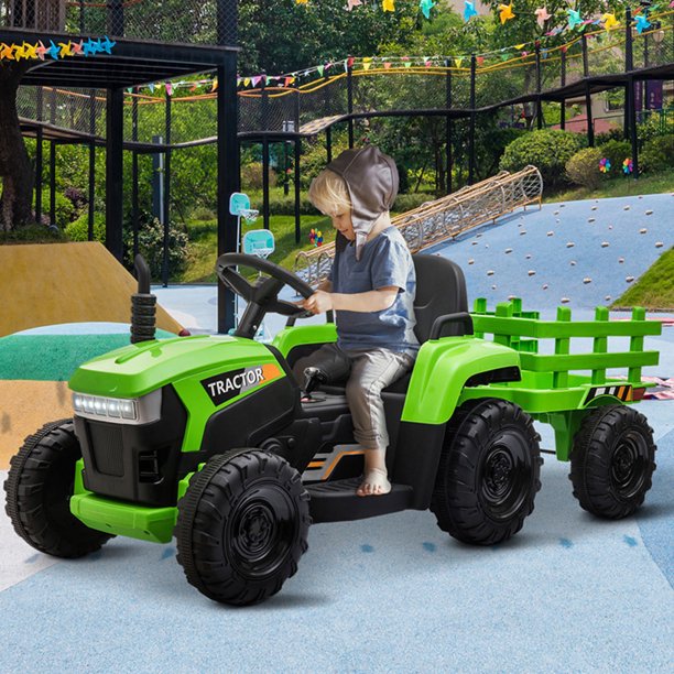 12V Kids Ride on Tractor with Trailer, Sesslife Battery Powered Ride on Car w/ Music, USB, LED Light, Horn, Electric Ride on Toy for 3-5 Ages, Outdoor Kid Pickup Truck for Girl Birthday Gift