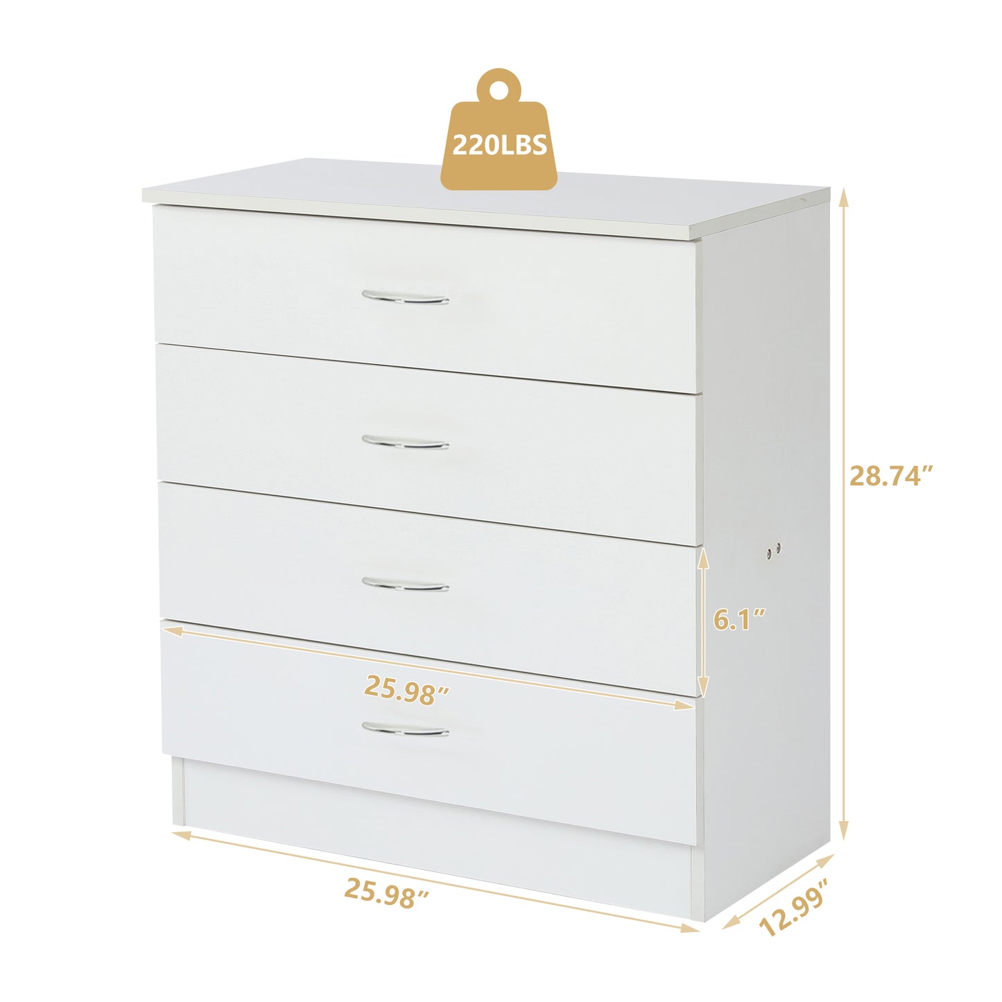 Dresser for Bedroom, Wood 4 Drawer Dresser Storage Drawer, White Living Room Hallway Closets Drawer Chest, DT43