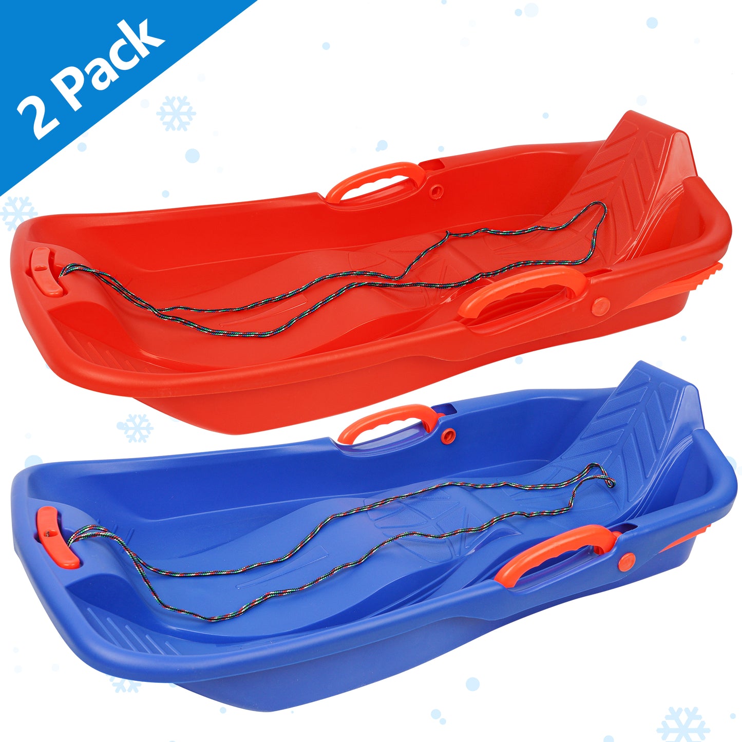 2 Pack Downhill Snow Sled for Kids, Plastic Frame Toboggan Snow Sled, Blue Sled Slider with 2 Handles