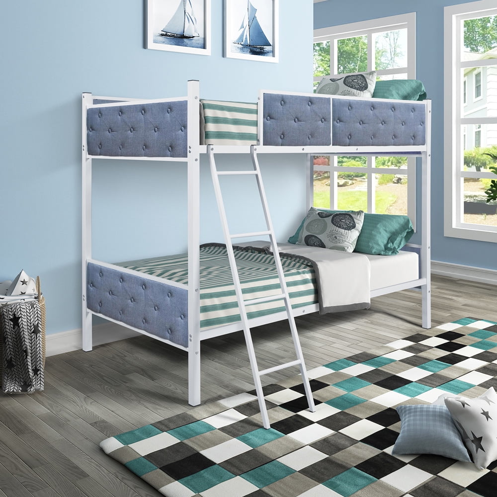 Bunk Bed Twin Over Twin, SESSLIFE Upholstered Bunk Bed with Steel Slats, Ladder, Full-Length Guard Rail, Modern Metal Bed Frame for Kids Teens, Space Saving, Blue, X1930