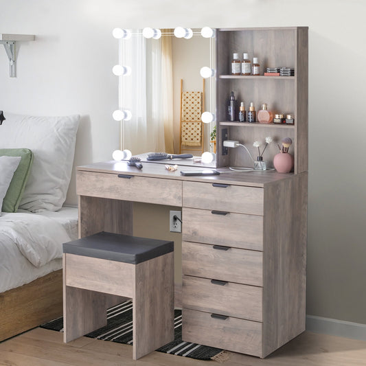 Sesslife Vanity Table Set, Vanity Desk with 6 Drawers, 2 Adjustable Shelves, Charging Station, Makeup Dressing Table Set for Bedroom Dressing Room, Retro Gray