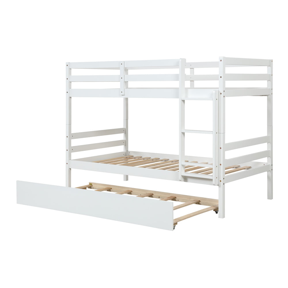 Sesslife Wood Bunk Beds, Twin Over Twin Bunk Bed Frame with Ladder and Guardrail, Kids Bunk Bed with Trundle, Modern Platform Bed No Box Spring Needed, White