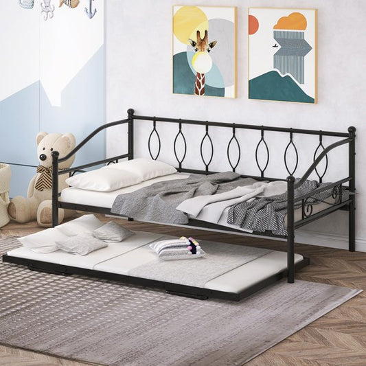 Twin Daybed with Trundle, SESSLIFE Metal Daybed Frame with Pop Up Trundle, No Box Spring Needed, Twin Size Sofa Bed with Steel Slats Support for Living Room Office, Black, X2705