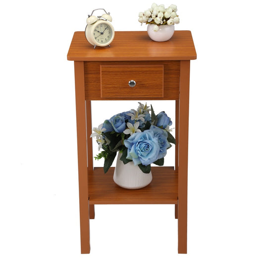 SESSLIFE Narrow End Table, 2-Tier Storage Nightstand with Drawer and Shelf, Wood Accent Table for Bedroom Living Room, Compact Modern Furniture Tall Bedside Table, Honey Brown, X2326