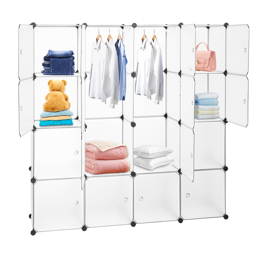 Cube Organizer with 16 Storage Shelves and 2 Rods, Sesslife DIY Cube Storage Organizer with Door for Living Room Hallway, Plastic Clothes Organizer for Kids Adults Bedroom, X2979