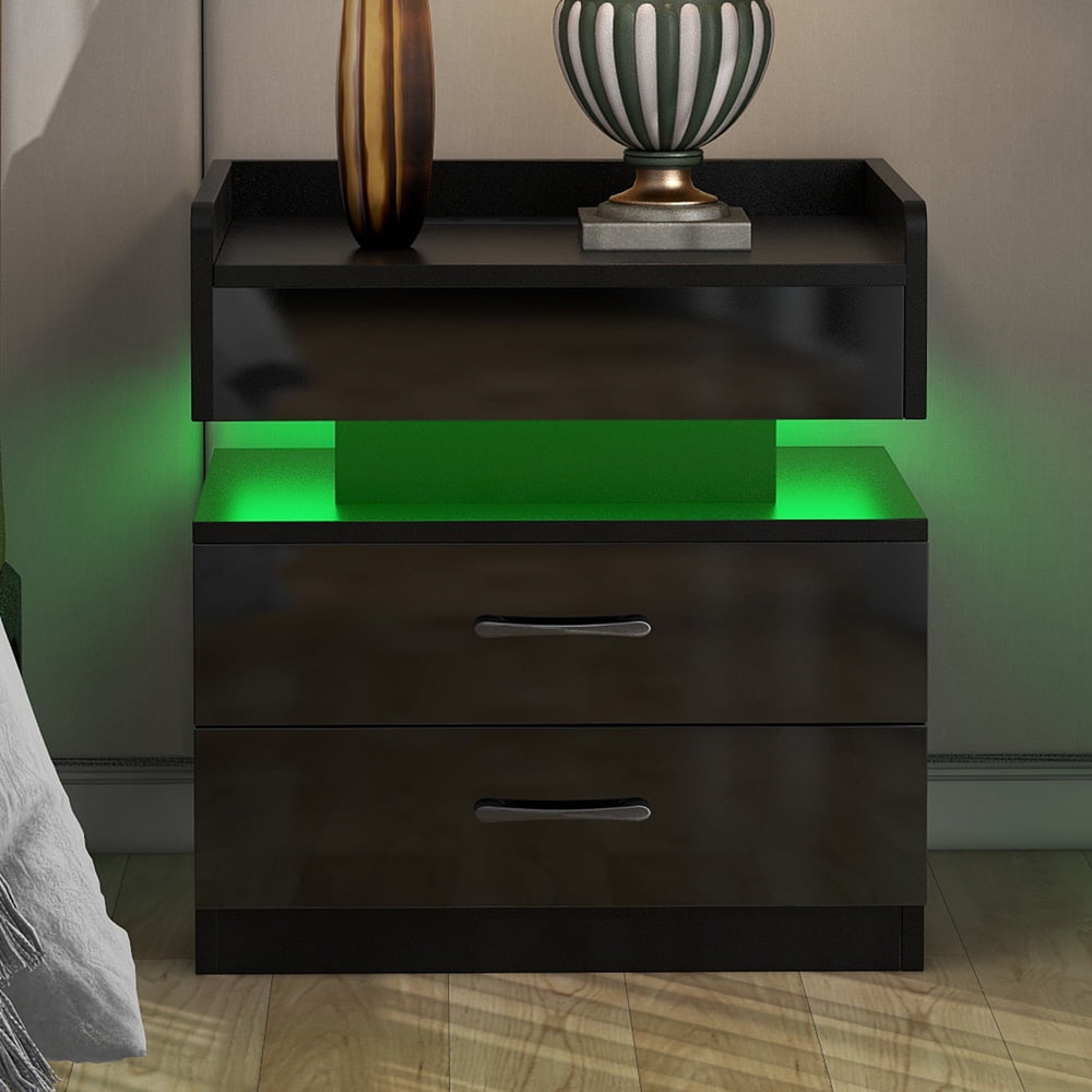 Black Nightstand for Bedroom with 2 Drawers, Sesslife Modern Bedside Table with USB Charging Ports and Outlets, Wireless Charging, LED Light, Multifunctional Wood Side Table