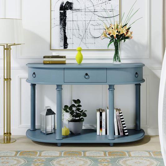 SESSLIFE Navy Console Table, Wood Curved Console Table with Drawers and Shelves for Entryway Living Room, Black, X80