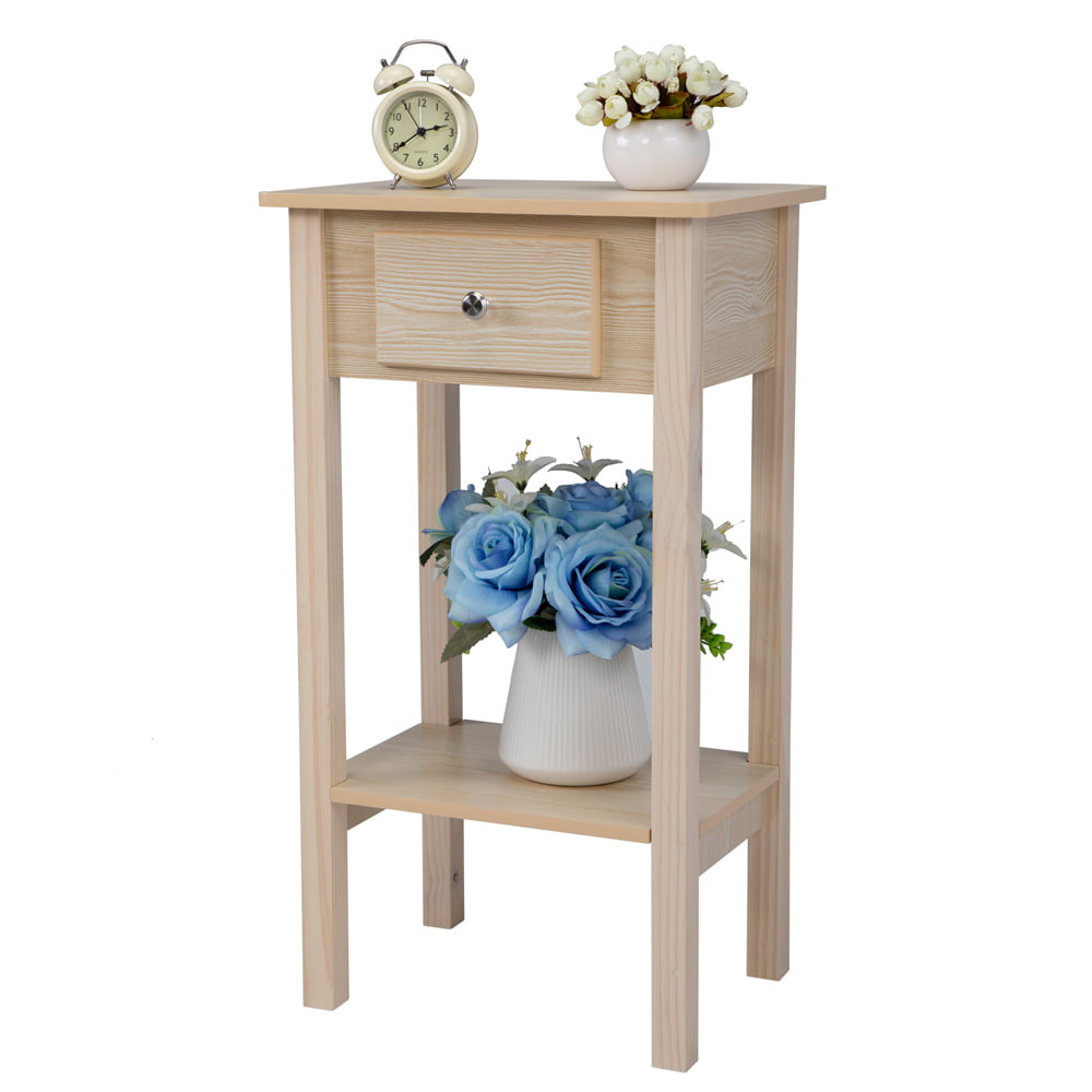 SESSLIFE Narrow End Table, 2-Tier Storage Nightstand with Drawer and Shelf, Wood Accent Table for Bedroom Living Room, Compact Modern Furniture Tall Bedside Table, Wood, X2327