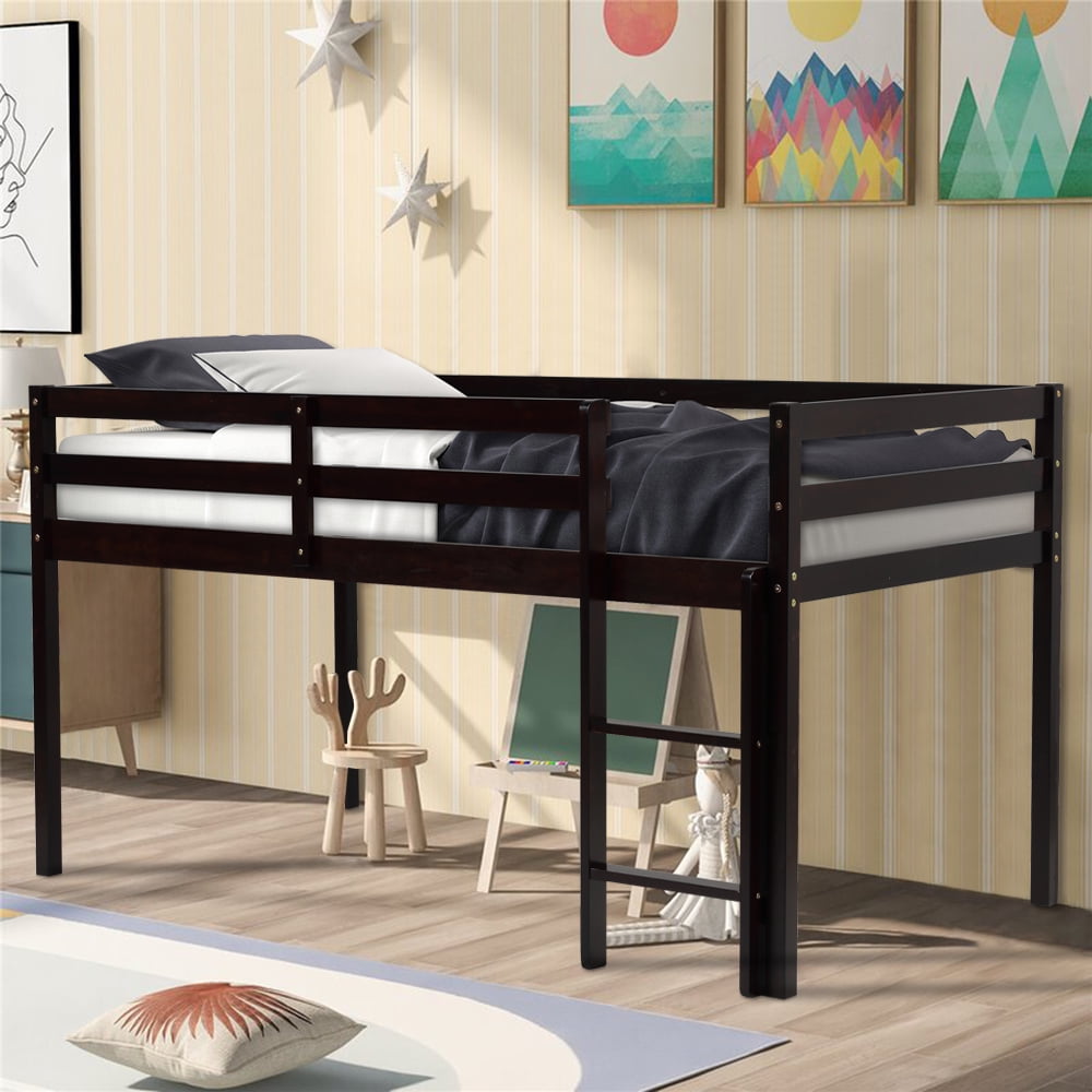 Wood Loft Bed for Boys Girls, SESSLIFE Twin Low Loft Bed with Ladder and Full-length Guard Rails, Twin Size Bed Frame with Wood Slats, No Box Spring Needed, Espresso Kids Bedroom Furniture, X2044