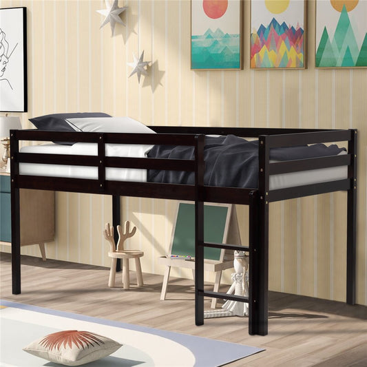 Twin Loft Bed for Kids, SESSLIFE Wood Low Loft Bed Frame with Ladder and Safety Guard Rails, Modern Bedroom Furniture Boys Girls Loft Bed Space Saving Design, Espresso, X2038