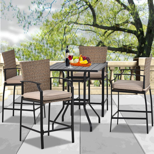 Sesslife Wicker Outdoor Counter Height Bistro Set, 5 Piece Patio Dining Furniture Set with 4 Chairs and Table, Patio Set for Patio Garden Pool Desk, Brown Rattan Outdoor Bar Sets