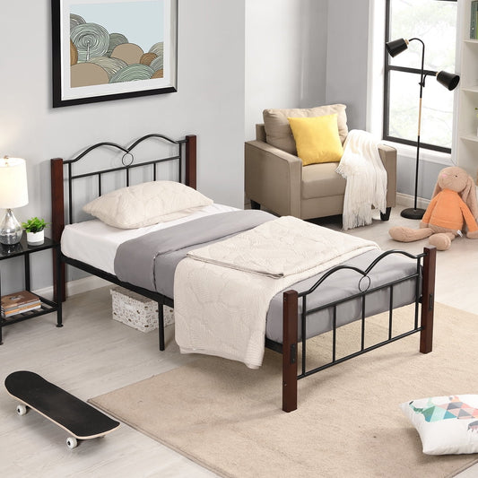 Twin Size Bed Frame with Headboard, SESSLIFE Classic Metal Platform Bed Frame with Mattress Foundation, No Box Spring Needed, Easy Set Up Steel Structure for Adults Teens Kids, Brown, X2557