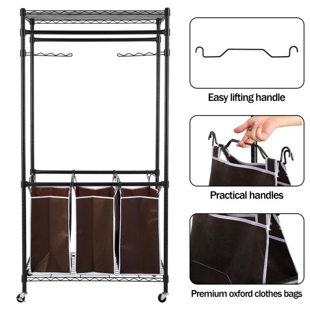 Laundry Rack with 3 Bags and Garment Rack Hanging Rod, Sesslife Laundry Cart Organizer with Swivel Casters, Steel Frame Laundry Sorter Laundry Hamper with Top Mesh, Black