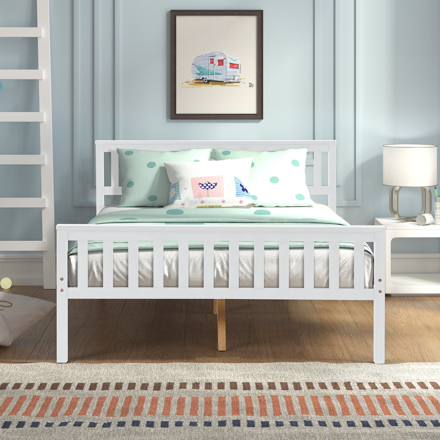 Sesslife Wood Platform Bed Frame, White Full Bed Frame with Headboard and Footboard, Wooden Slats and Center Legs, Full Size Bed No Box Spring Needed