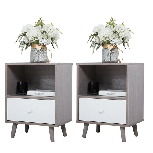 Nightstand with Drawer, SESSLIFE Modern Bedroom Nightstand Set of 2, Gray & White Wood Bedside Table Living Room Sofa End Table, X358