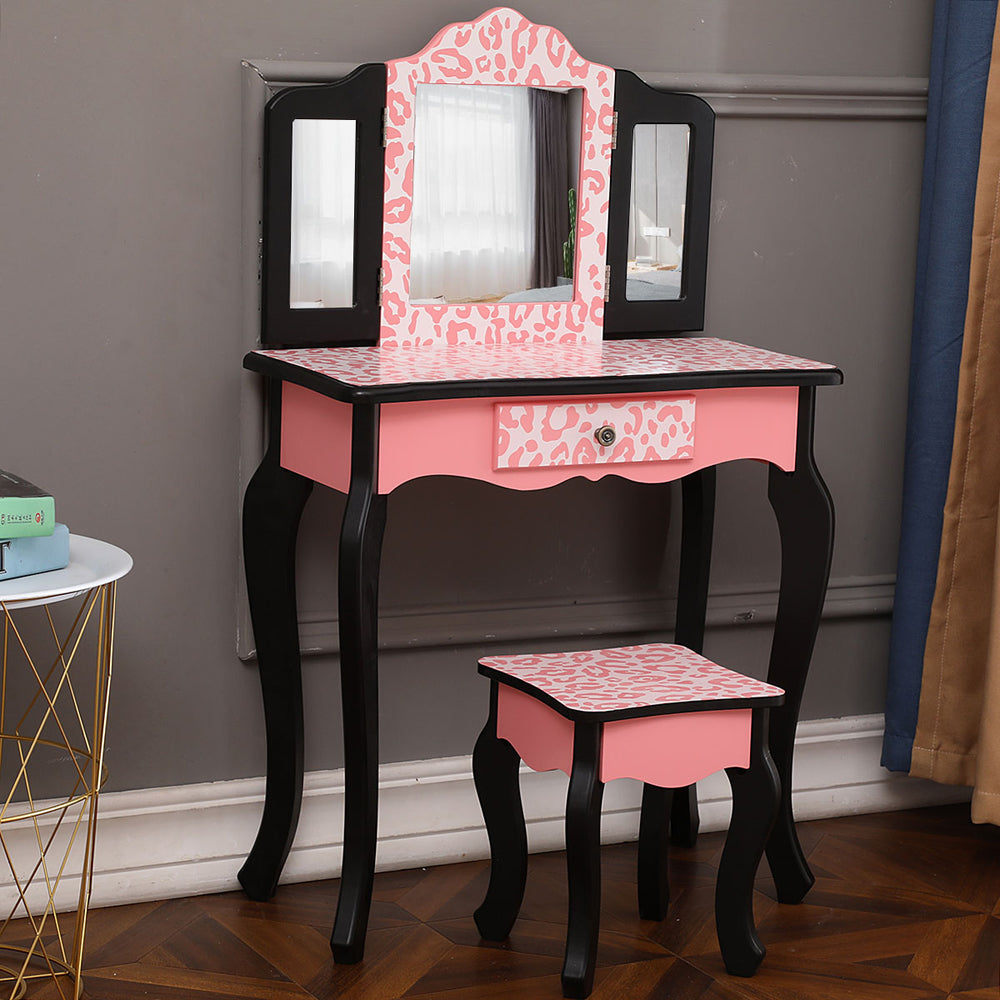 Kids Princess Vanity Table and Chair Set, Kids Vanity Set with Mirror, Makeup Dressing Table for Girls Age 4-9