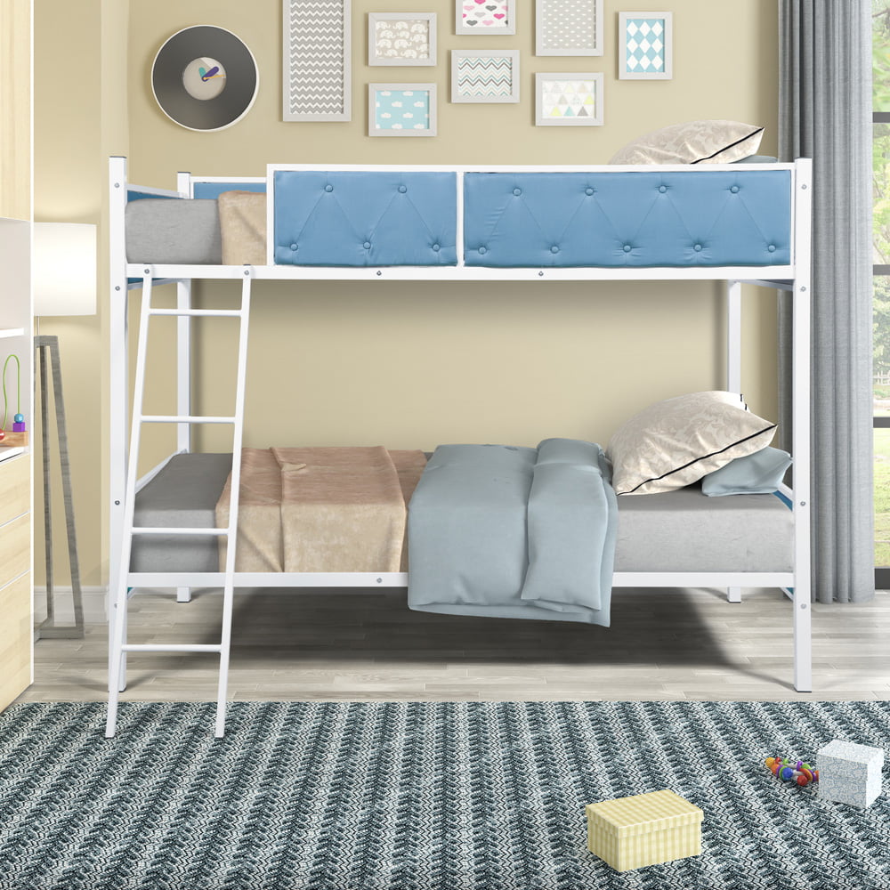 SESSLIFE Upholstered Bunk Bed for Kids Teens, Twin Over Twin Metal Bunk Bed with Guard Rail, Ladder, Steel Slats, Metal Twin Bed Frame No Box Spring Needed, Kids Bedroom Furniture, Light Blue, X1923