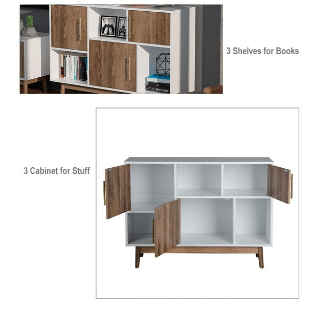 Storage Organizer, Sesslife 3 Cubes Wooden Storage Cabinet with 3 Doors, Living Room Office Bookcases for Books, Arts, Toys, Floor Standing Accent Cabinet with Legs, Rustic Brown Storage Bookshelf