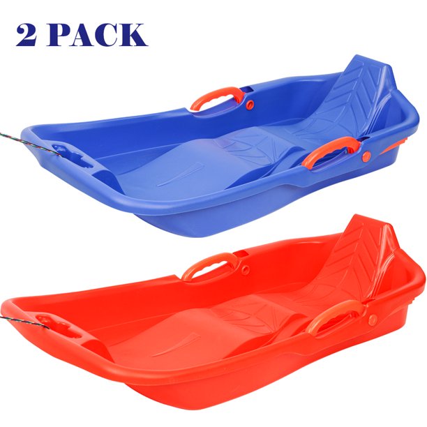 SESSLIFE Plastic Sleds for Kids Teens, 2 Packs Snow Sled with Pull Rope & 2 Brake, 35'' Long Durable Winter Sleds for Snow, Outdoor Toy for Two-Person, Blue & Orange