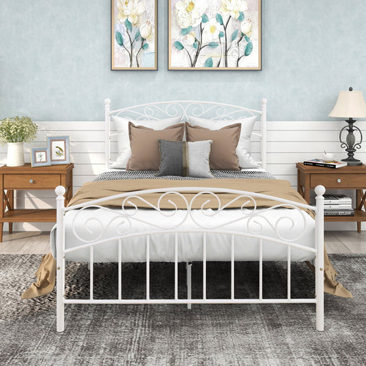 Sesslife Platform Bed Frame No Box Spring Needed, Metal Full Size Bed Frame with Victorian Headboard and Footboard, Full Platform Bed with Slats Support for Teen Adult Kid, White
